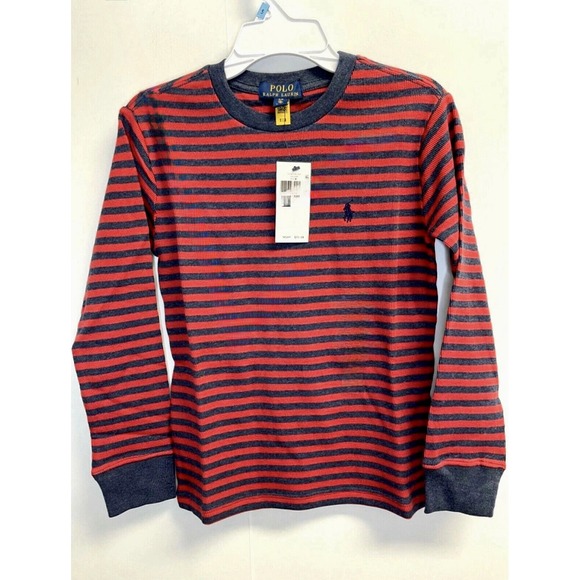 NEW Polo Ralph Lauren Boys size L Thermal Waffle Crew Neck Pony Shirt Striped - Picture 1 of 5